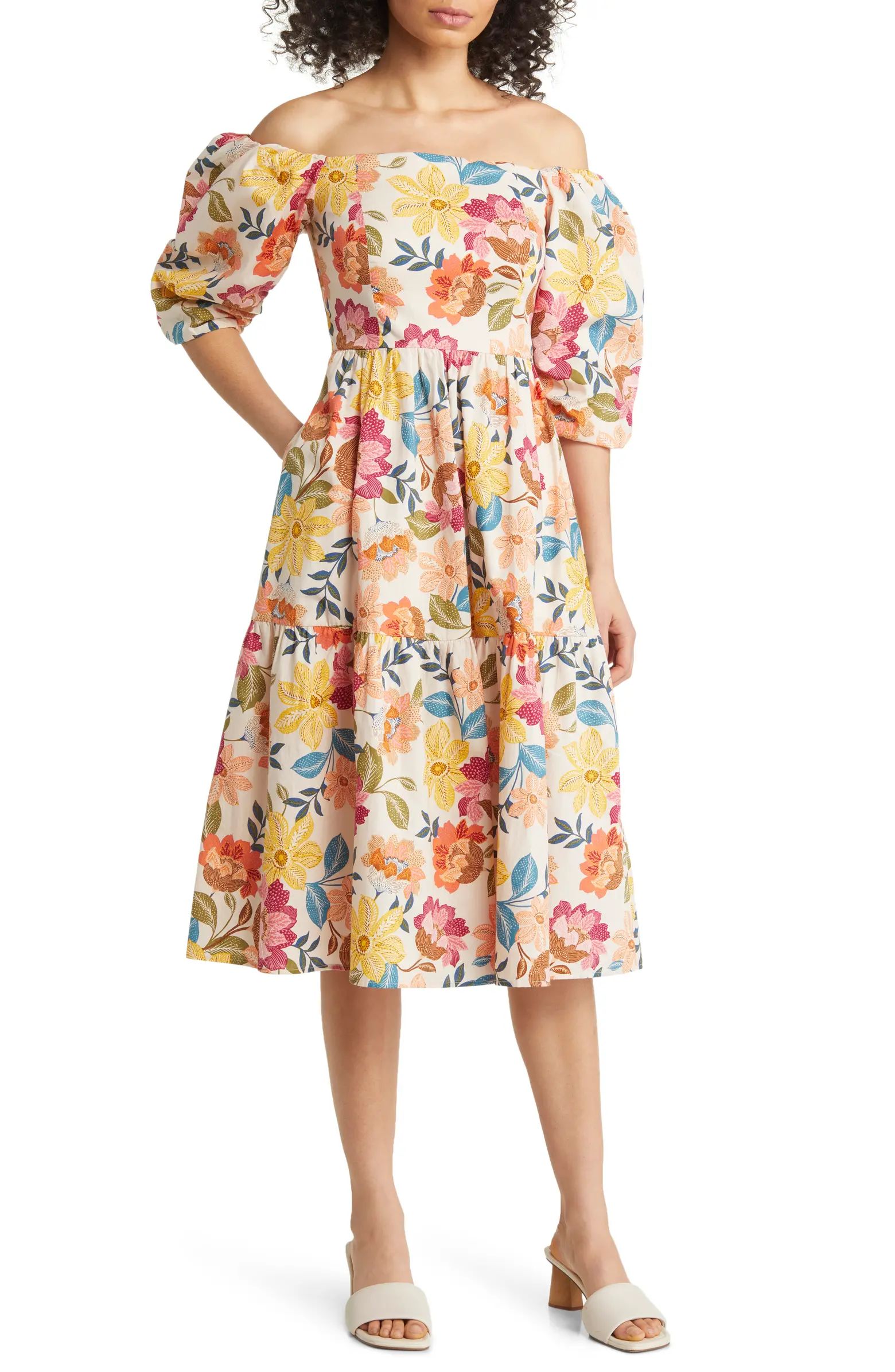 Floral Off the Shoulder Stretch Cotton Midi Dress | Nordstrom