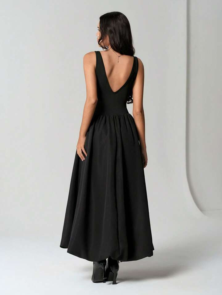 TRNVIE Fashionable Deep V-Neck High Stretch Fitted Maxi Black Dress | SHEIN