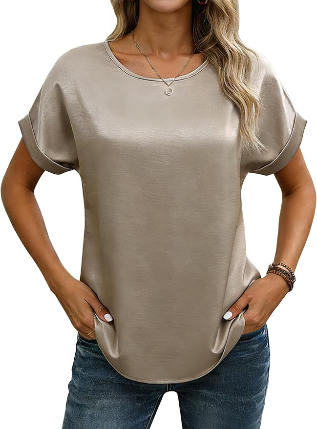 Satin Blouses for Women Short Sleeve Tops Crewneck Silk Shirt Business Casual Summer Outfits 2026 | Amazon (US)