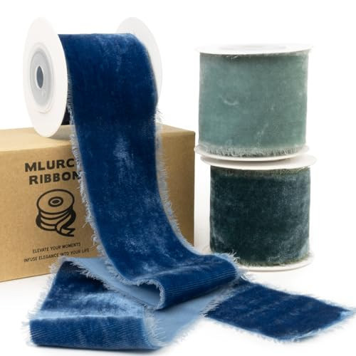 Blue Velvet Ribbon 2 Inch Wide Navy Blue, Dusty Green, Teal Ribbon, Thick, Frayed, Vintage Blue Silk Velvet Ribbons for Christmas, Gift Wrapping, Wedding, Invitations, Bridal Bouquet | Amazon (US)