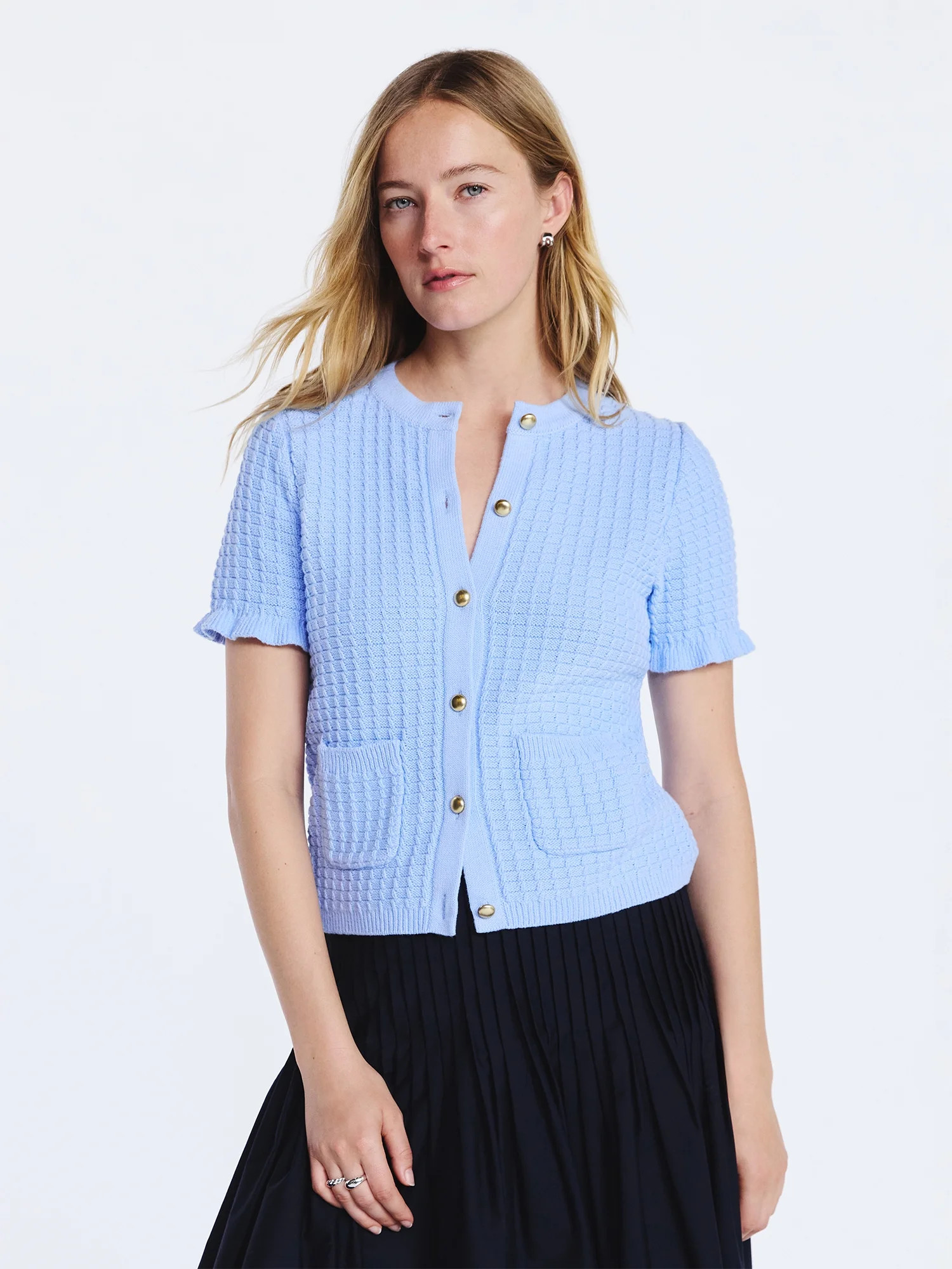 Free Assembly Women's Cotton Basketweave Cardigan Sweater with Short Ruffle Sleeves, Lightweight,... | Walmart (US)