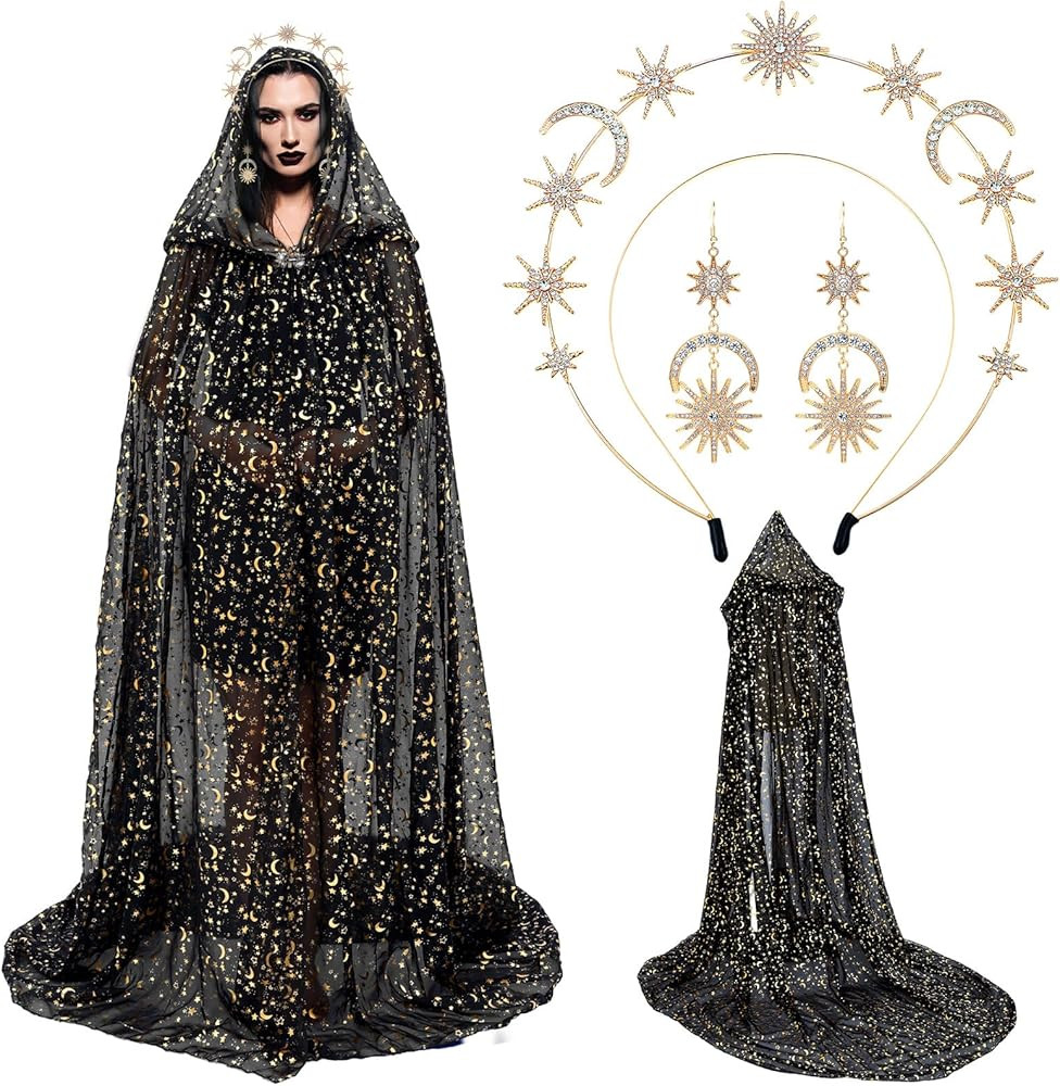 Shihanee 3 Pcs Halloween Celestial Witch Costume for Women Halloween Star Moon Tulle Cape Hooded ... | Amazon (US)