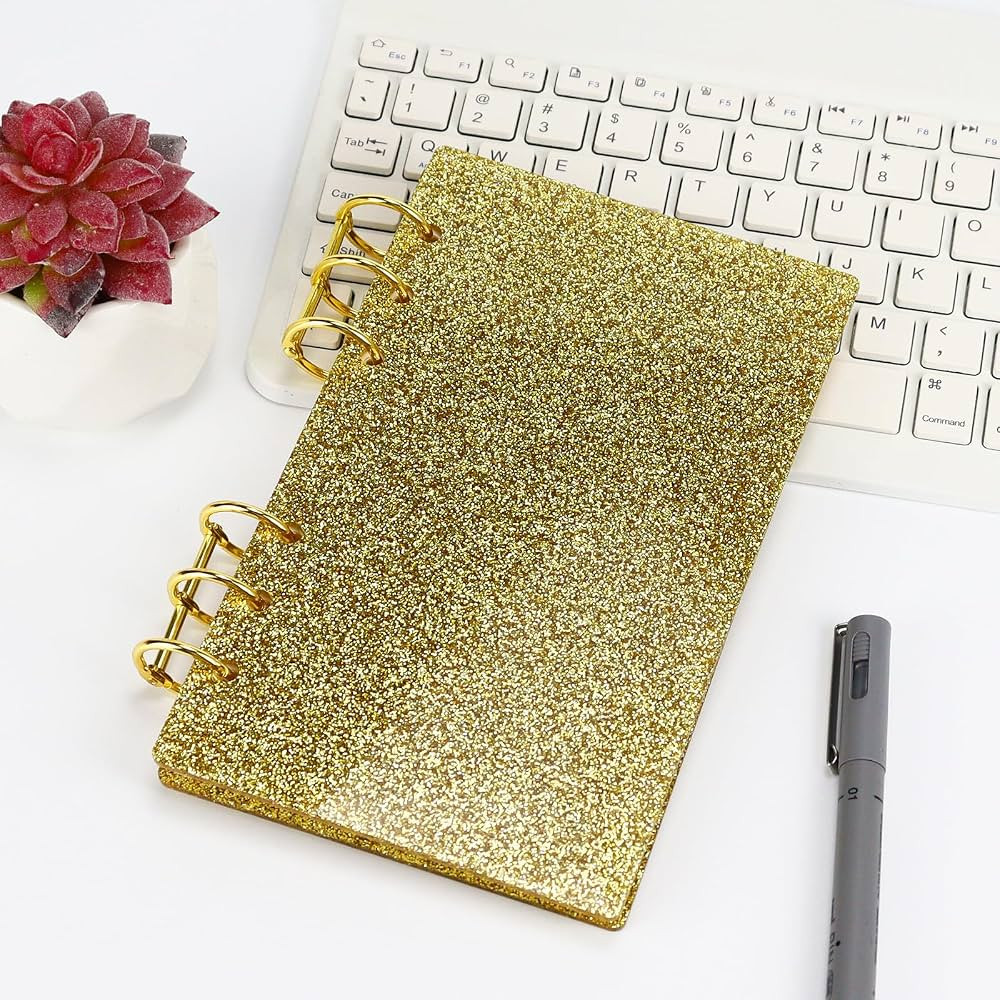 Buqoo 6 Ring Binder, A6 Clear Glitter Gold Acrylic Planner Budget Binder Notebook Cover, Gold Met... | Amazon (US)