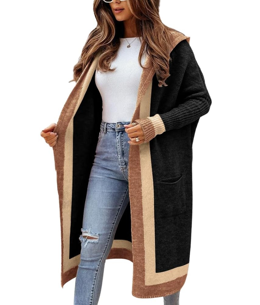 chouyatou Women's Color Block Vertical Striped Open Front Oversized Hooded Long Cardigan Sweaters... | Amazon (US)