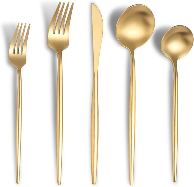 Lemeya Matte Gold Silverware Set for 4,Modern Stainless Steel Brushed Cutlery Set,20-Pieces Heavy... | Amazon (US)
