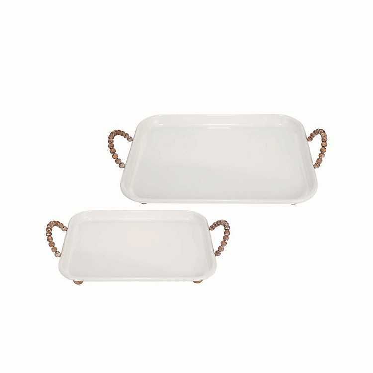 White and Wood Bead Handle Trays, Set of 2 | Kirkland's Home