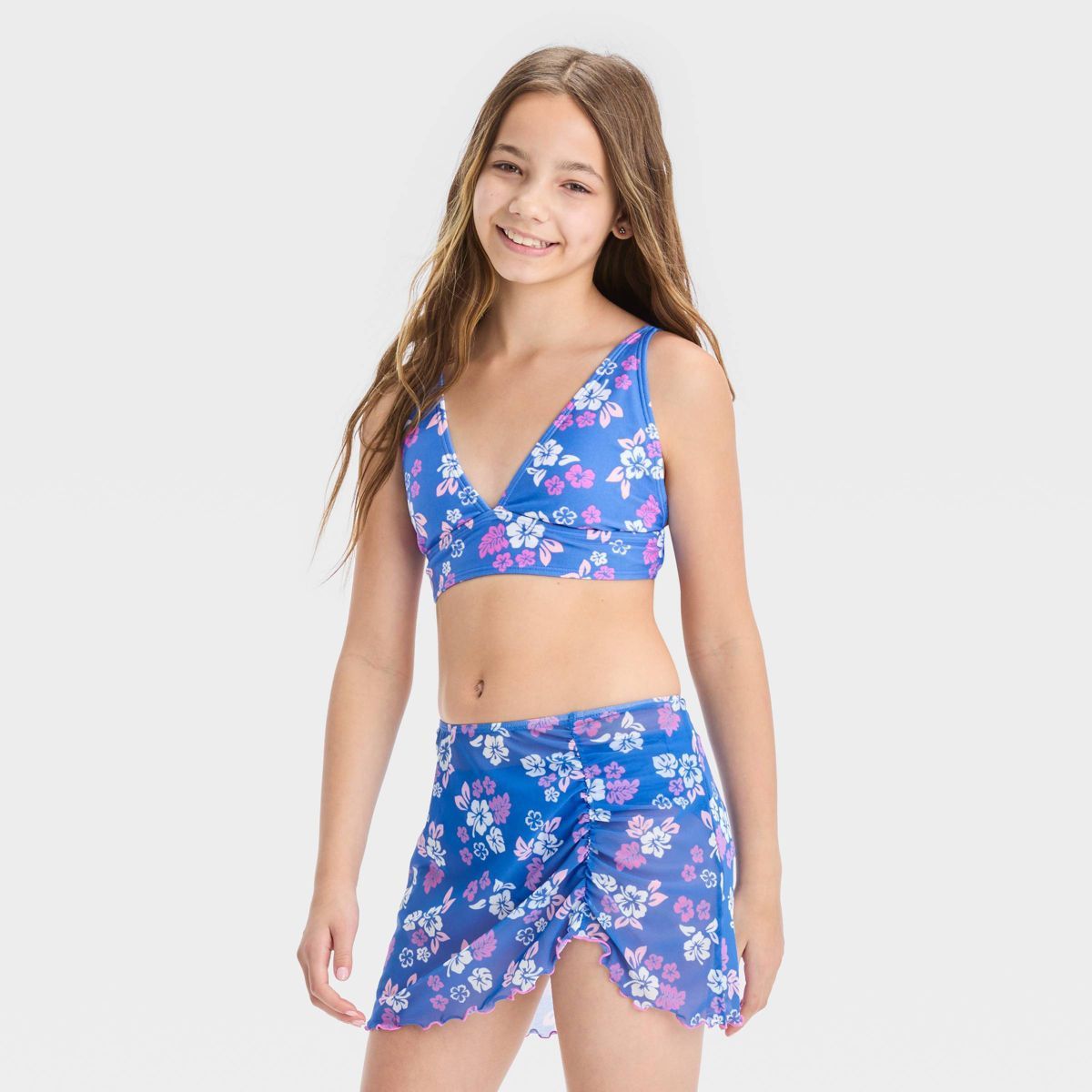 Girls' 'Happy Hibiscus with Sarong' Swimwear Set - art class™ Blue | Target