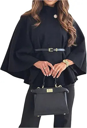 MakeMeChic Women's Poncho Pea Cape Coat Mock Neck 3/4 Sleeve Belted Business Jacket Outerwear | Amazon (US)
