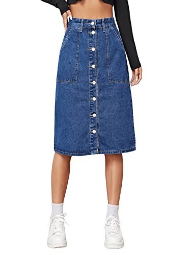 SweatyRocks Women's Casual High Waisted Button Front A Line Knee Length Denim Skirt | Amazon (US)