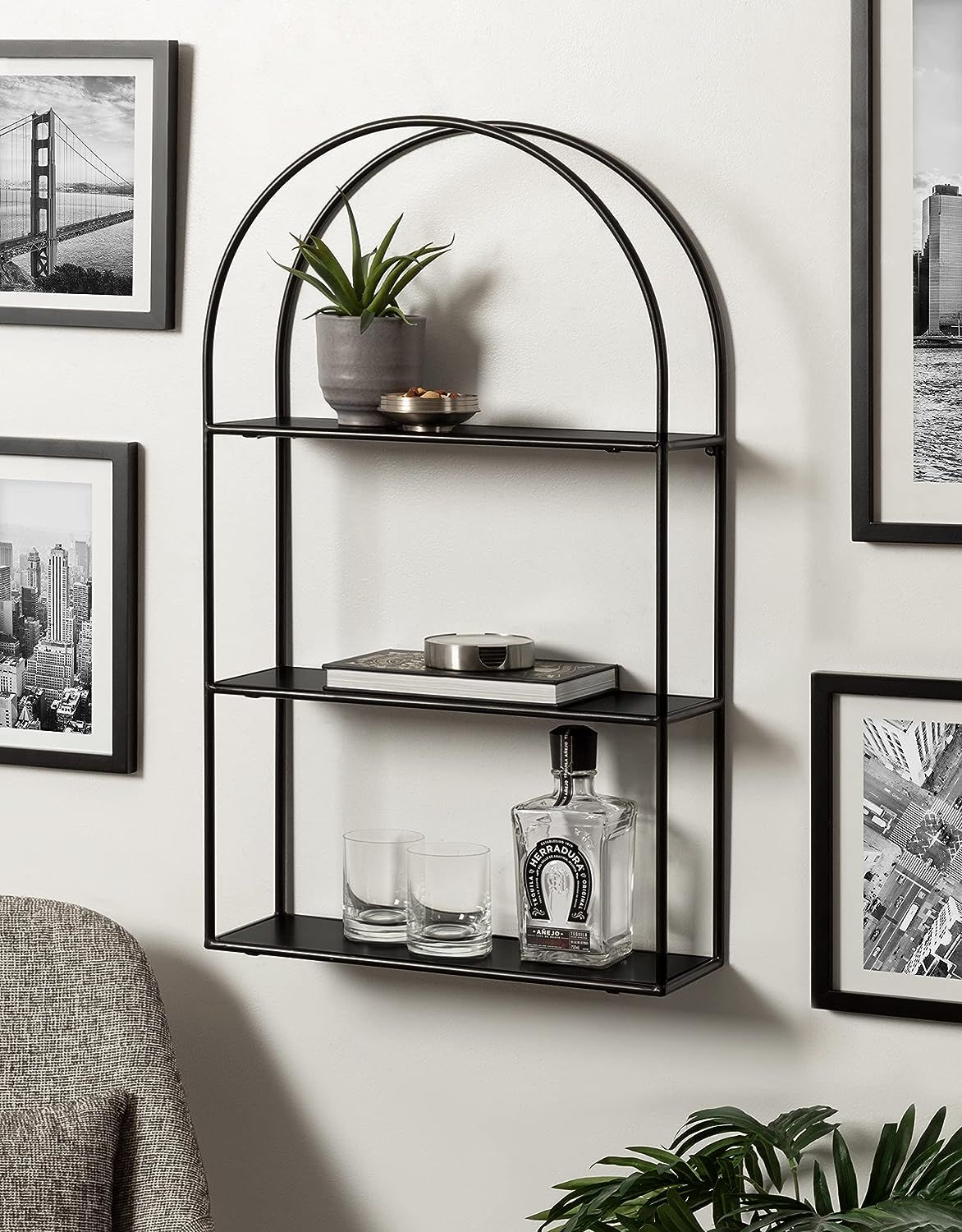 Kate and Laurel Monroe Modern Arched Wall Shelf, 18 x 31, Black, Decorative 3 Tier Floating Wall ... | Amazon (US)