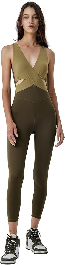 SUHK ASANA Women’s Bodysuit Sleeveless Bodycon Rompers Backless Cross Jumpsuit Sports Gym Worko... | Amazon (US)