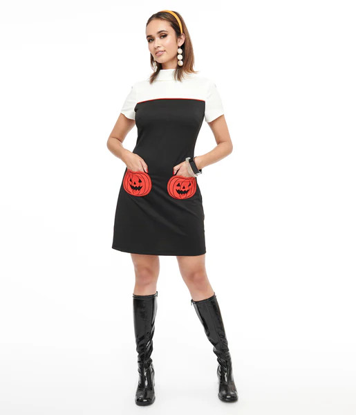 Smak Parlour 1960s Black & Orange Pumpkin Pocket Shift Dress | UniqueVintage