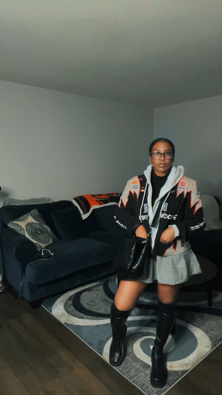 Winter streetwear look: layered hoodie, racing jacket, mini skirt, and knee-high boots. Wearing my own hoodie from The Fashion is Kie Collection 🖤 Shop the full outfit and similar pieces below!

#LTKPetite #LTKootd #LTKgrwm