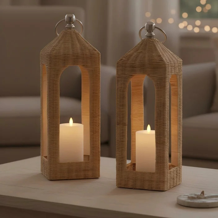 JEWLALO 14” Modern Rattan Lantern, 2PCS Cathedral Arch Candle Holder, Natural Wicker Hurricane ... | Walmart (US)