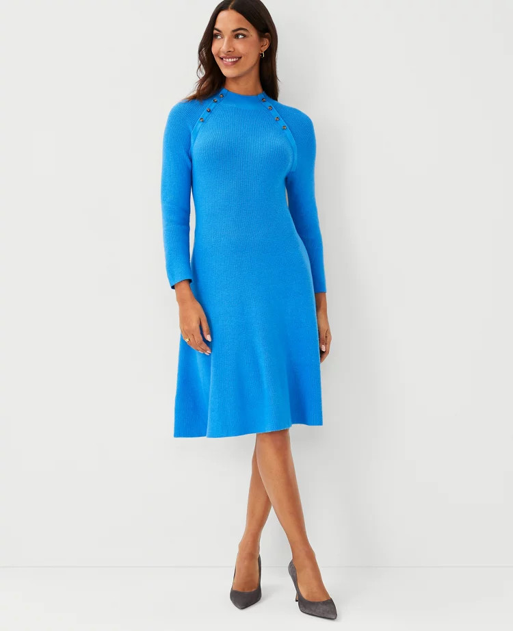 Button Trim Flare Sweater Dress | Ann Taylor (US)