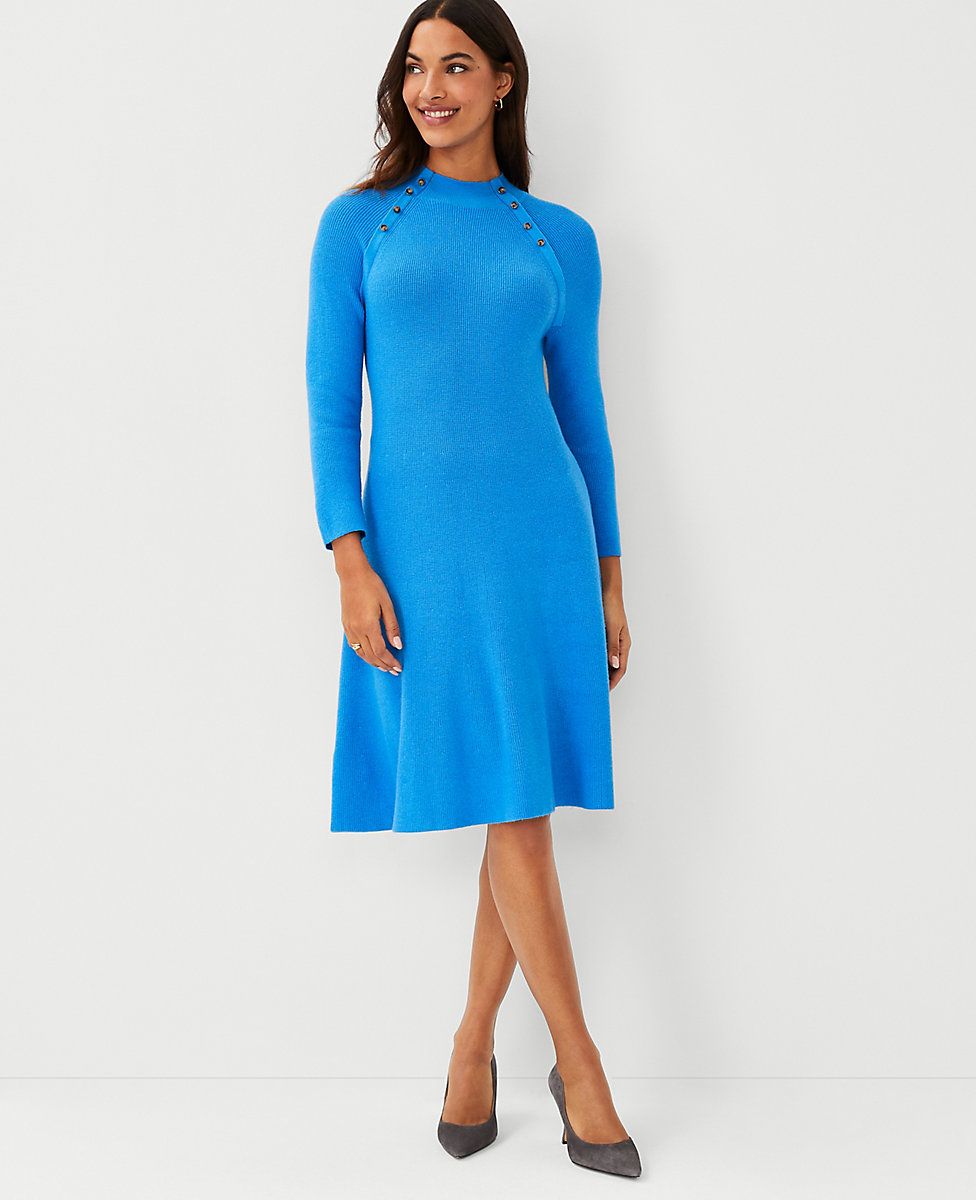 Button Trim Flare Sweater Dress | Ann Taylor (US)