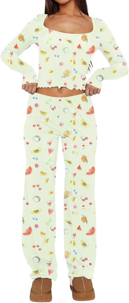 Dressmine Women Casual Pajamas Set 2 Piece PJs Sexy Square Neck Long Sleeve Tops Cute Pants Sets ... | Amazon (US)