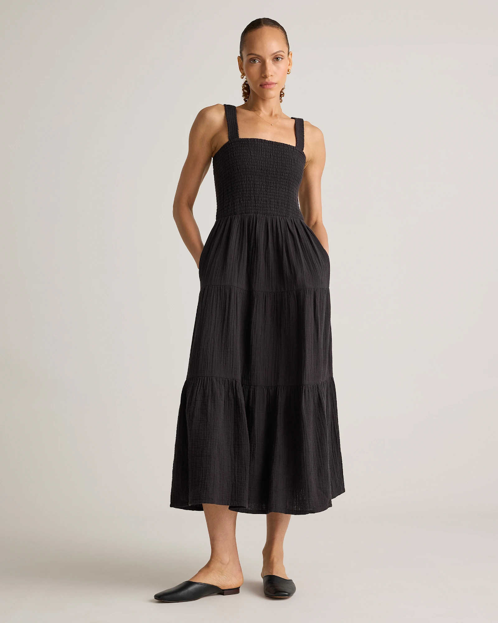 100% Organic Cotton Gauze Smocked Sleeveless Maxi Dress in Black | Quince
