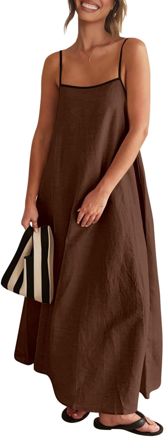Shy Velvet Women's 2024 Summer Linen Maxi Dress Contrast Spaghetti Strap Dress Backless Sleeveles... | Amazon (US)