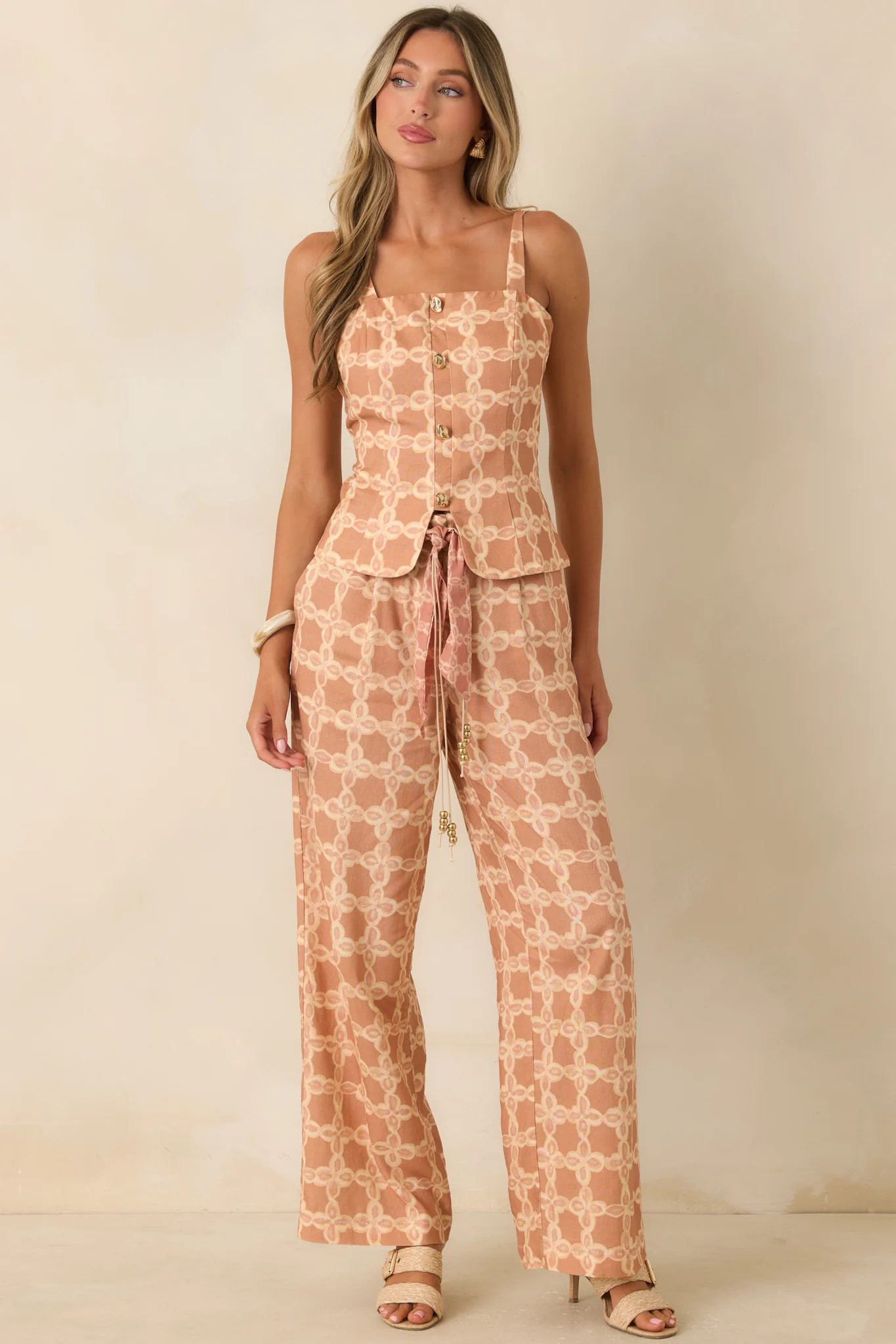 Write Me Back Tan & Ivory Printed Sleeveless Top | Red Dress