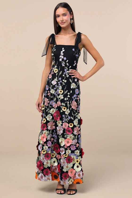 Thriving Poise Black 3D Floral Embroidered Tie-Strap Maxi Dress | Lulus