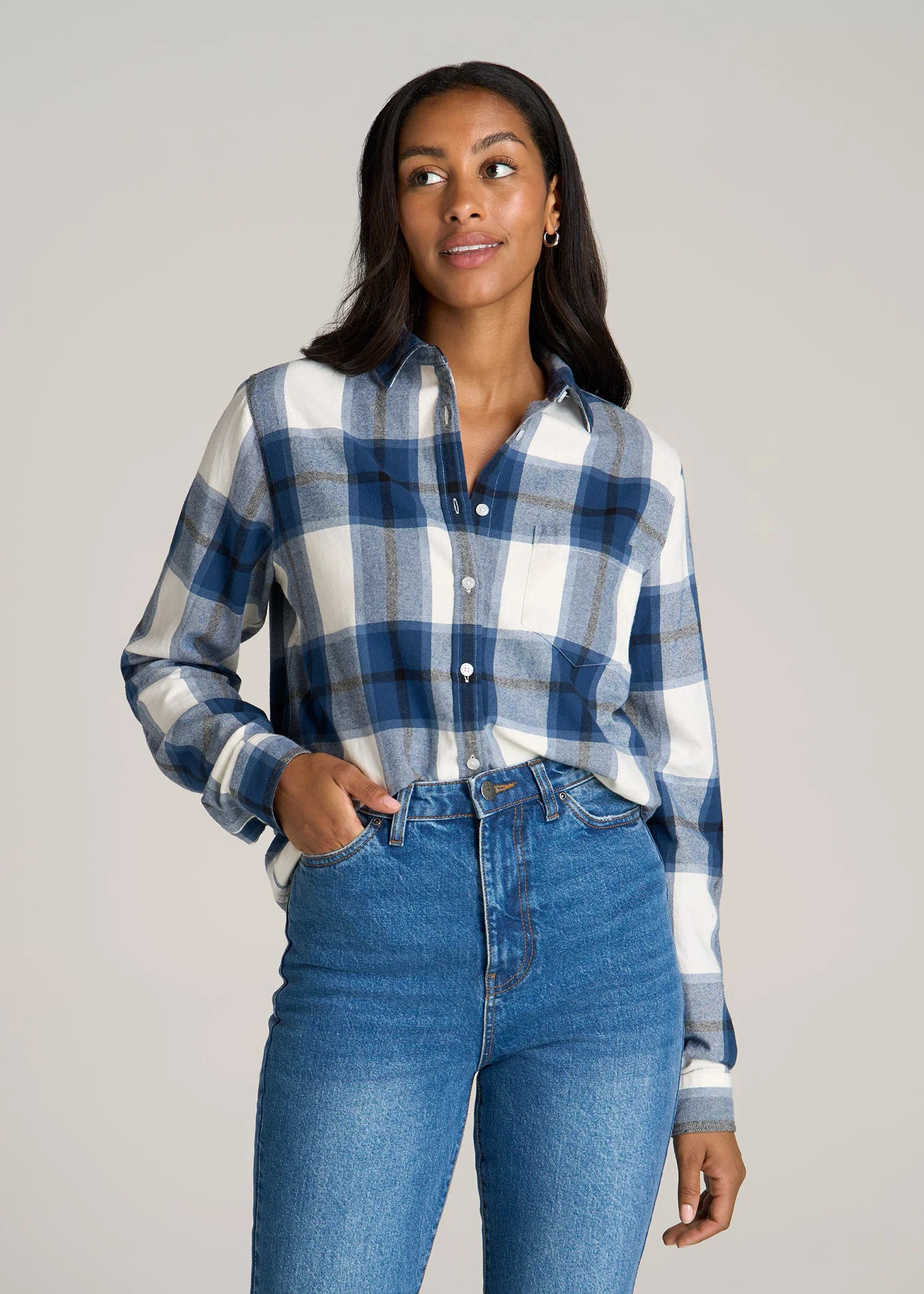 Flannel Button-Up Shirt for Tall Women in Ocean Blue and White | American Tall