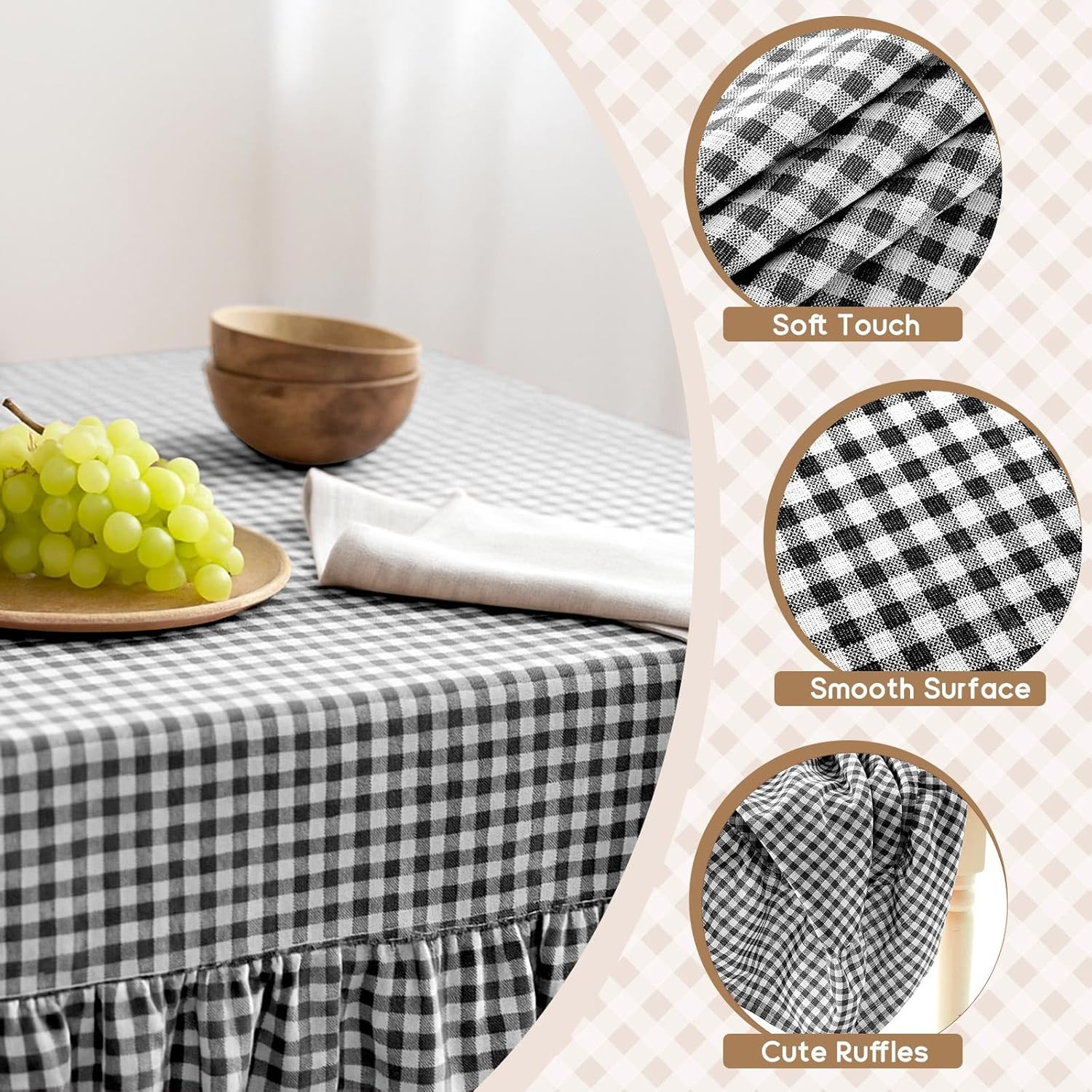 Mindsoft Black Gingham Ruffled Tablecloth 120 x 60 Inches Rectangle Cotton Linen Checkered Table ... | Amazon (US)