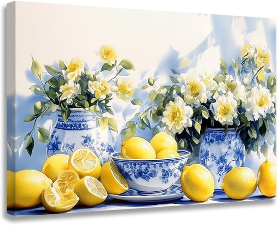 ZQQART Lemon Picture for Wall Kitchen Decor Citrus Fruit Canvas Prints Yellow Lemon and Flower Pa... | Amazon (UK)