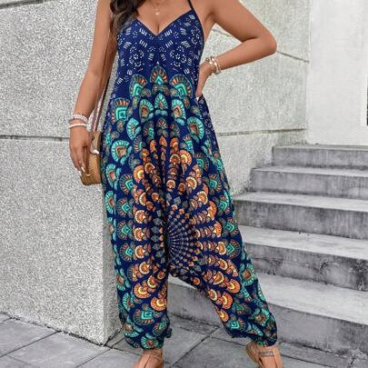 Women's Simple Casual Jumpsuit With Tie Up Straps, V-Neck Sleeveless Design, Floral Fabric, Suitable For Commute, Holiday, Spring/Summer/Autumn, Plus | SHEIN