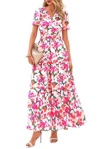 PRETTYGARDEN Women's 2026 Summer Boho Maxi Dresses Floral Short Sleeve V Neck A Line Tiered Flowy Long Beach Vacation Dress (Green Pink Floral,Medium) | Amazon (US)