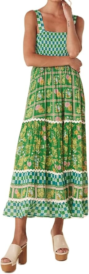 Women Square Neck Sleeveless Boho Floral Maxi Dress Spaghetti Strap Flowy Tiered Long Dresses Bea... | Amazon (US)