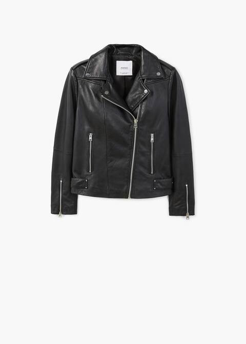 Zipper leather biker jacket - f foLeather Women | MANGO (US)