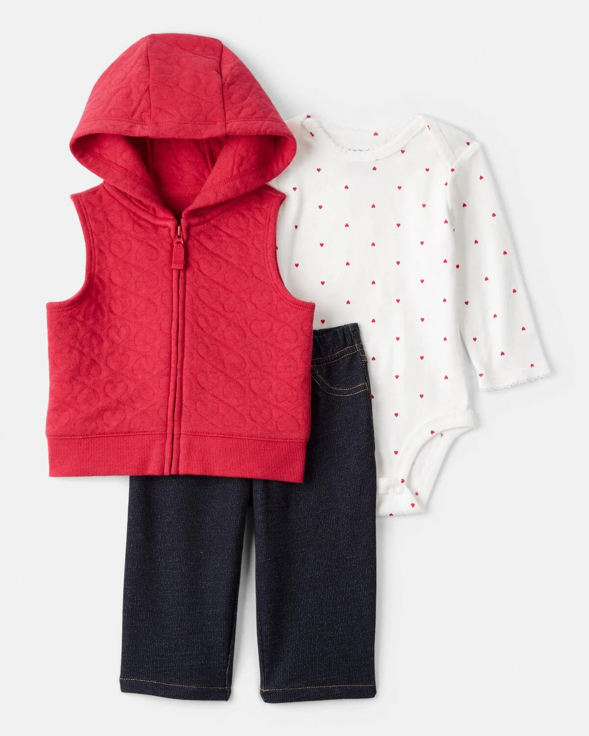 Baby Girl 3-Piece Heart Quilted Vest Outfit Set - Red | Carter's Inc
