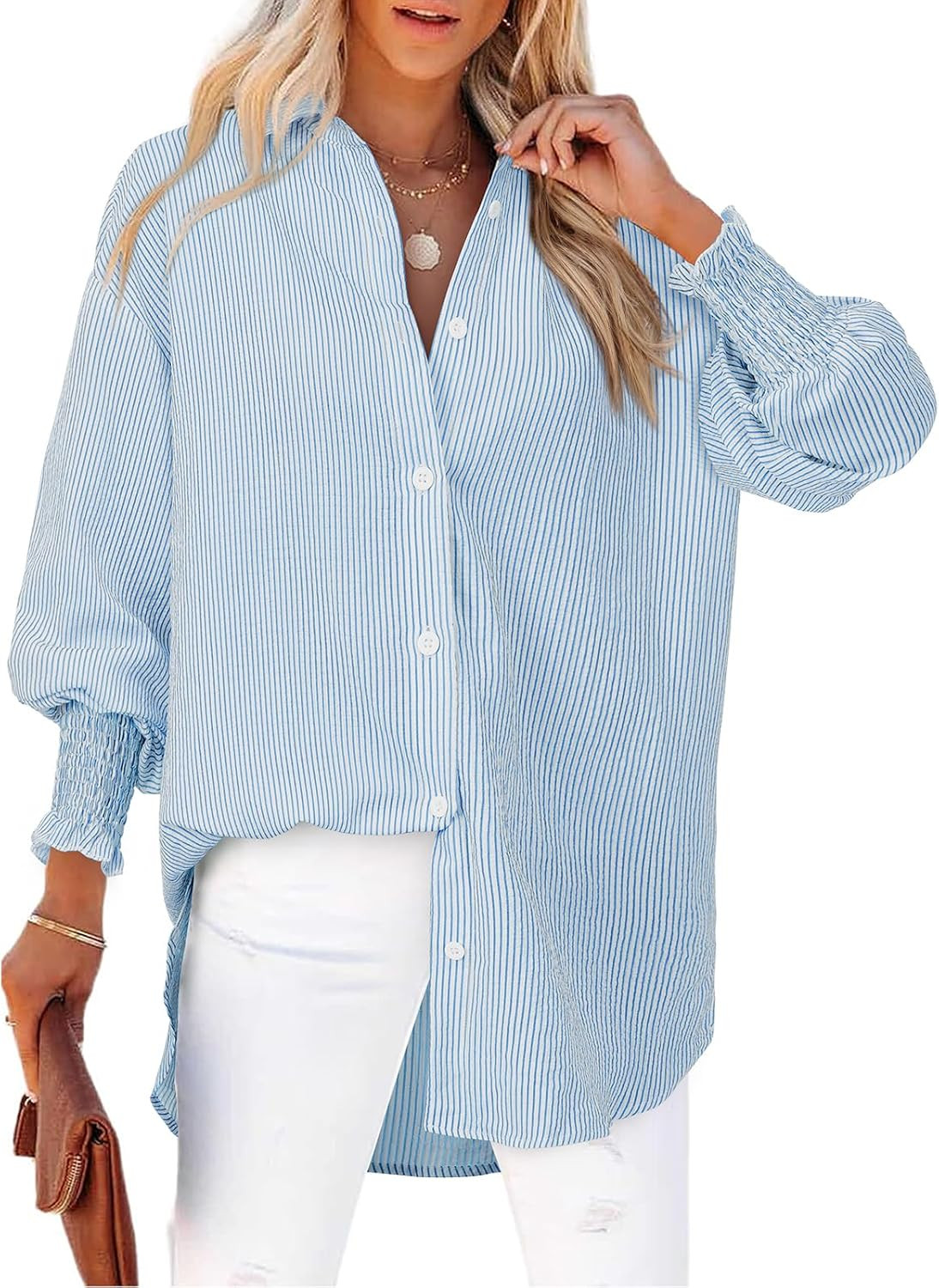 Women's Striped Button Down Shirts Long Sleeve Smocked Cuffed Oversized Boyfriend Blouses Collared Work No Pockets Tops | Amazon (US)