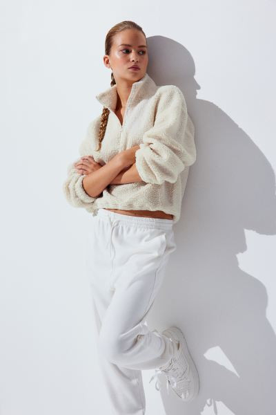 Half-zip Teddy Fleece Sweatshirt - Light beige - Ladies | H&M US | H&M (US + CA)