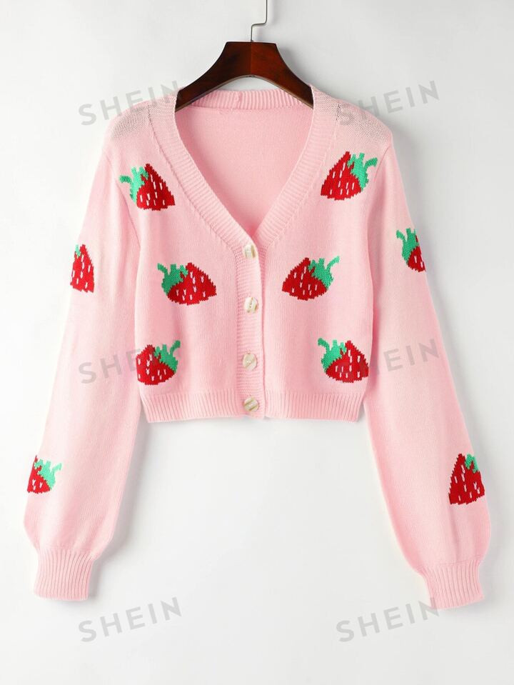 SHEIN Qutie Strawberry Pattern Cardigan | SHEIN