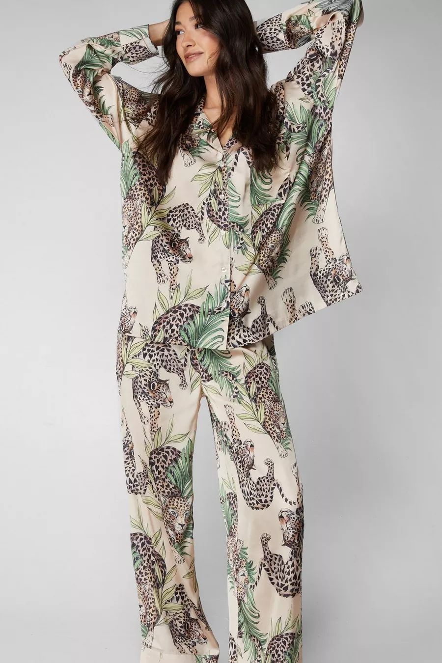 Satin Leopard Oversized Pajama Pants Set | Nasty Gal US