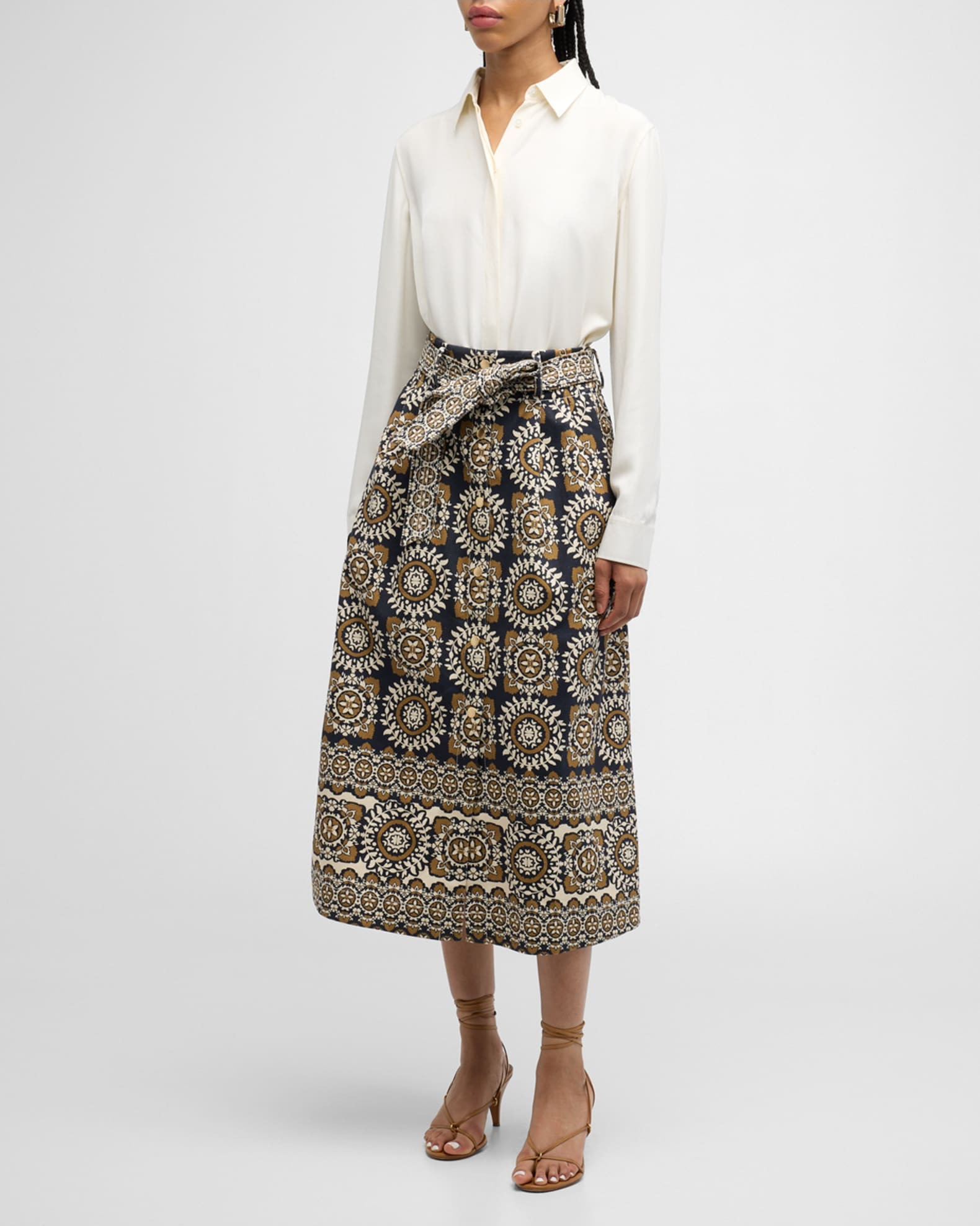 Oslo Floral Tie-Belt Midi Skirt with Pockets | Neiman Marcus