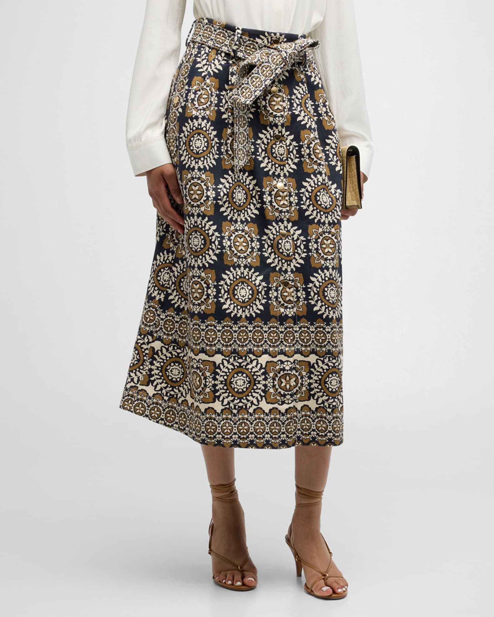 Oslo Floral Tie-Belt Midi Skirt with Pockets | Neiman Marcus