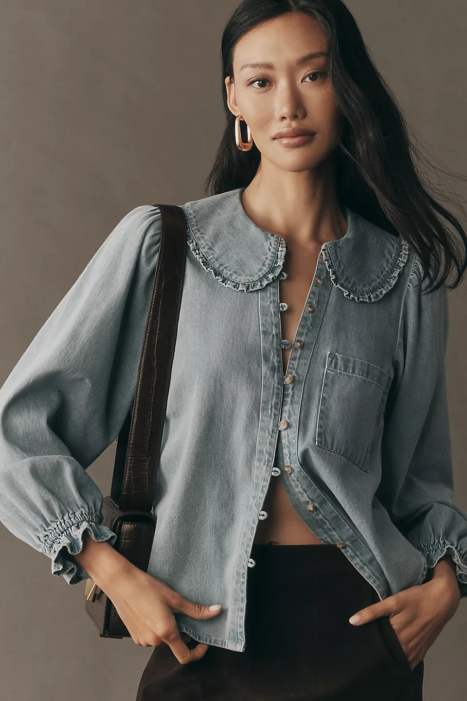 The Keira Light-Denim Long-Sleeve Blouse by Pilcro | Anthropologie (US)