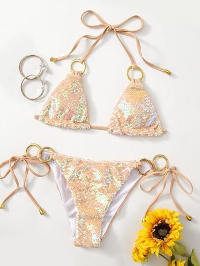 Sequin Overlay Triangle Bikini Swimsuit | SHEIN