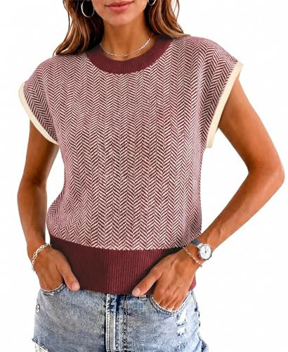 Womens Summer Cap Sleeve Sweater Vest Color Block Knit Crop Tops Crew Neck Casual Lightweight Pul... | Amazon (US)
