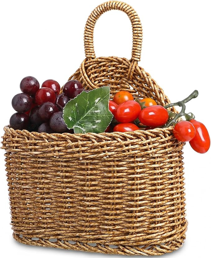 Plastic Woven Kitchen Rustic Wicker Small Wall Hanging Basket, 9.3X7.5X4.7“ | Amazon (US)