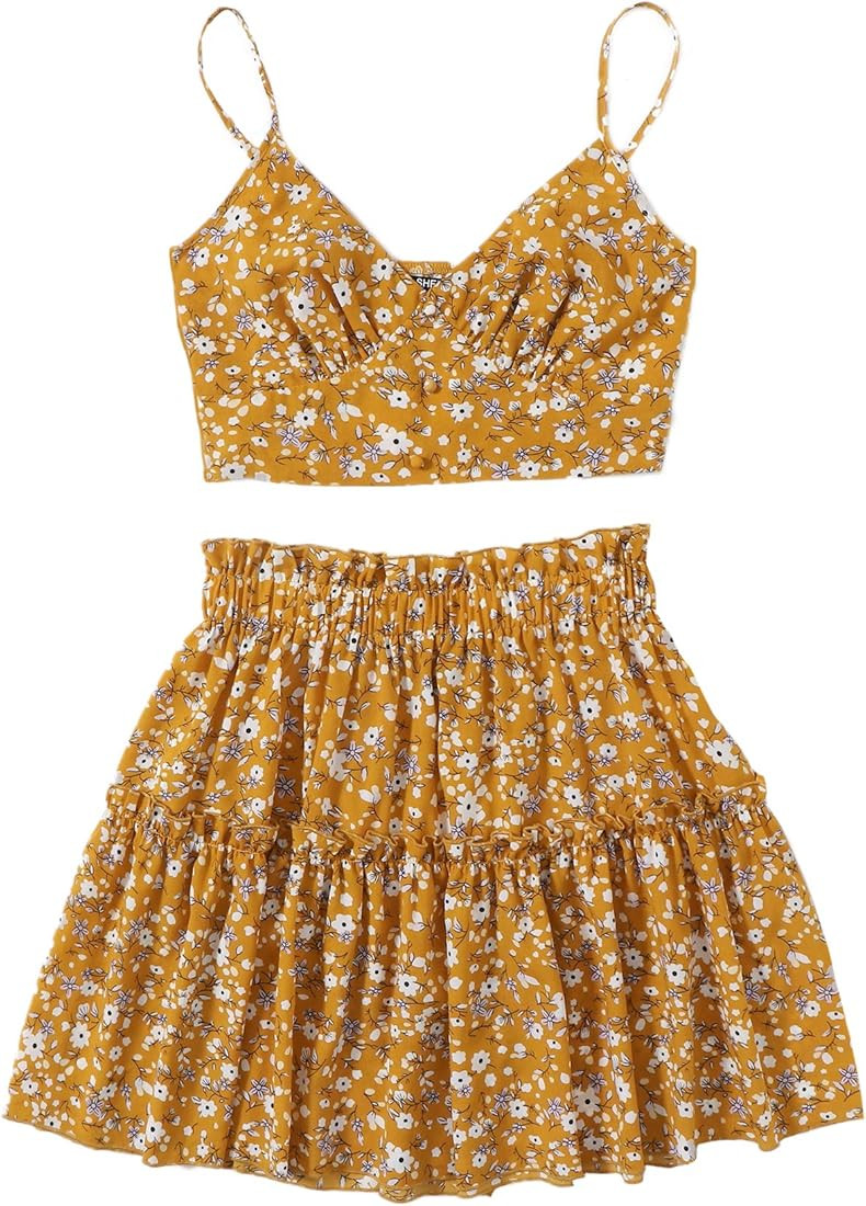 SweatyRocks Women's Boho 2 Piece Outfits Knot Front Crop Top with Shorts Sets | Amazon (US)