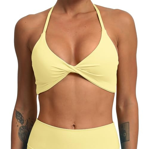 ABOCIW Sports Bras for Women Twist Front Padded Yoga Bra Low Medium Support Gym Bra Workout Crop Tank Tops 1 Lemon Yellow Large | Amazon (US)
