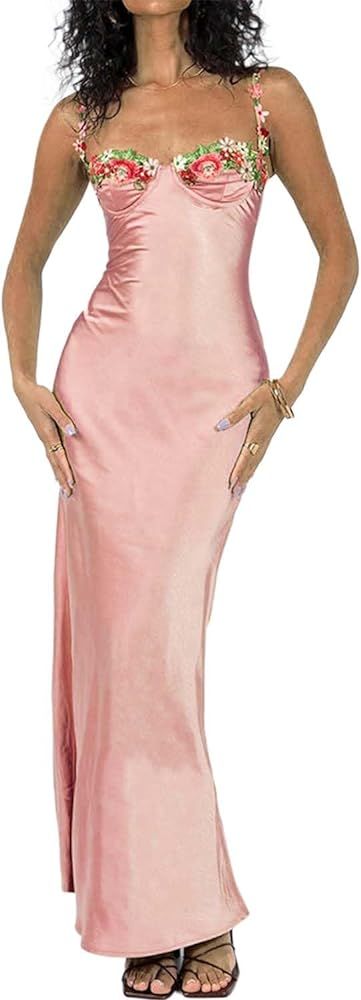 Women Y2k Floral Deep V Neck Long Dress Flowy Slip Maxi Dress Lace Patchwork Going Out Sundress B... | Amazon (US)