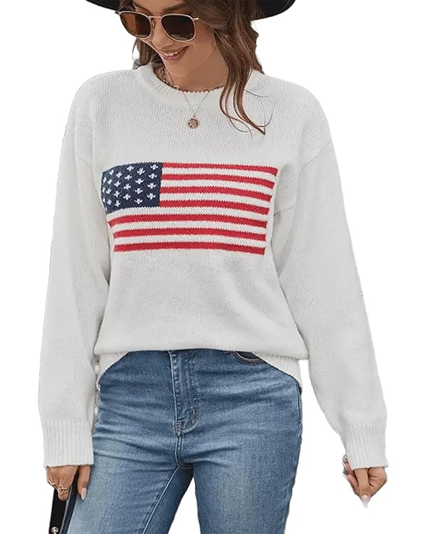 Women's American Flag Sweater Top Long Sleeved Round Neck Casual Knit Loose Pullover top | Amazon (US)