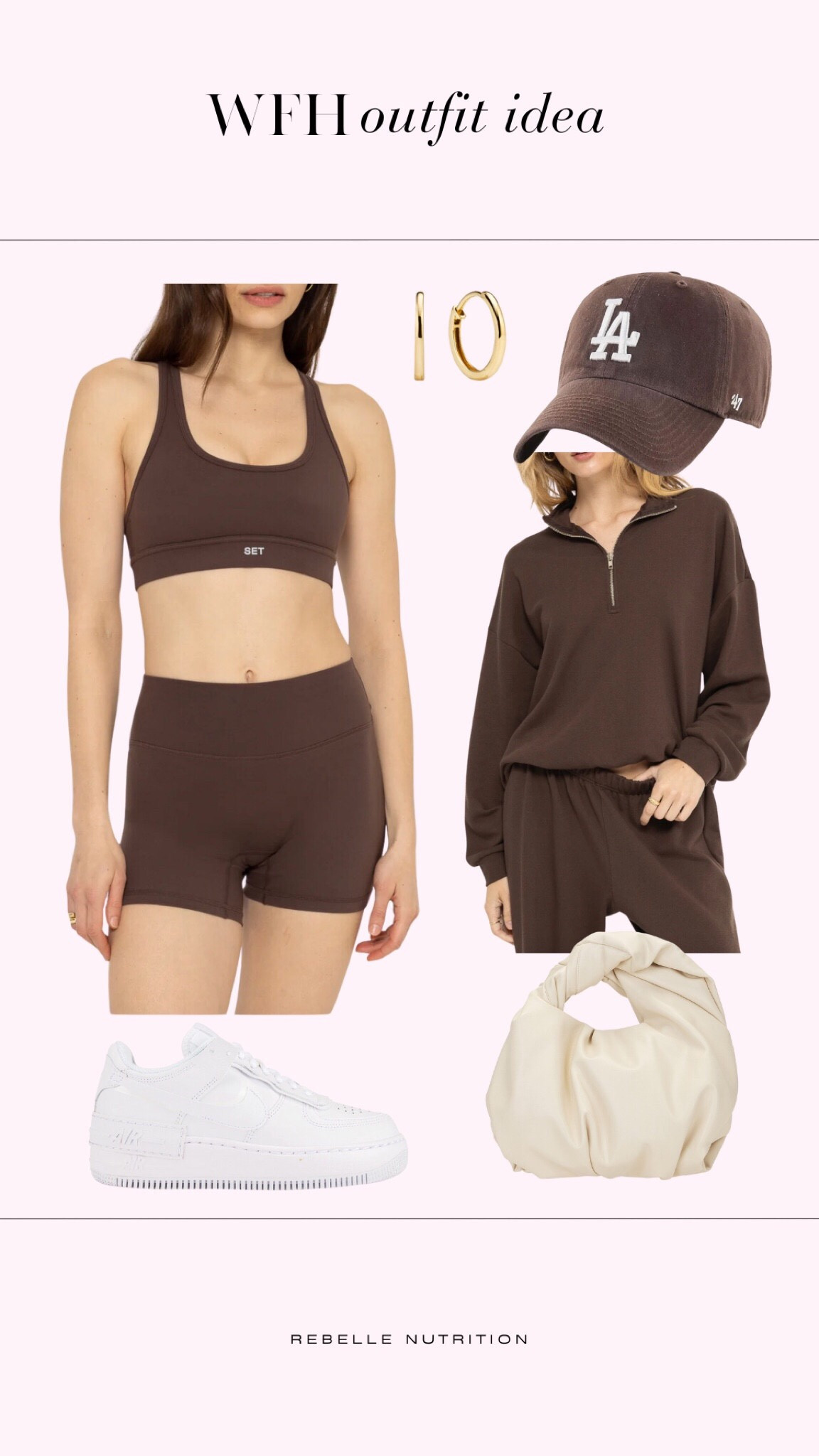 Cute wfh outfit idea for spring and summer! Take a call, then run to grab coffee in this cute brown workout set, complete with a brown quarter zip sweatshirt, a brown baseball cap, huggie hoops, Nike sneakers, and a dumpling purse! 

Work from home outfit, athleisure outfit, wfh outfit, wfh set, active set, matching set, workout set, two piece active set, two piece workout set, matching workout set, matching active set, SET workout set, SET pullover, SET sports bra, SET biker shorts, quarter zip sweatshirt, pullover sweatshirt, baseball cap, dodgers baseball cap, trendy baseball cap, LA baseball cap, white sneakers, platform sneakers, Nike sneakers, dumpling bag, handbag, ruched handbag, mejuri hoops, dainty hoops 

#LTKshoecrush #LTKfitness #LTKitbag