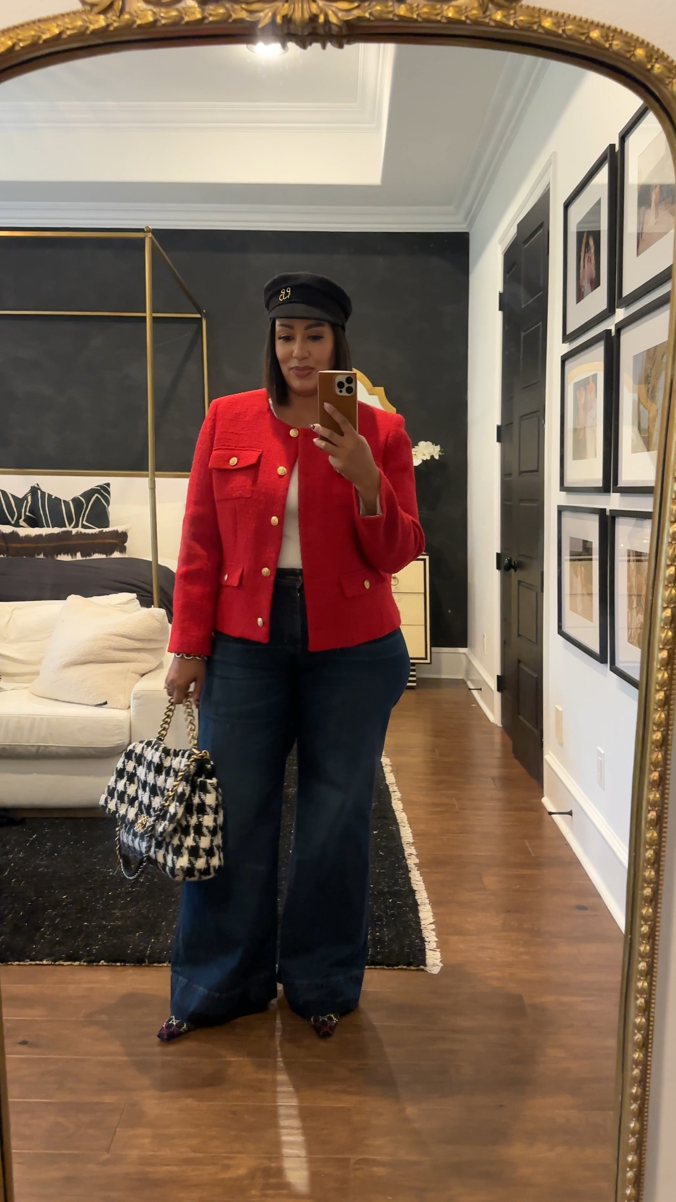 Jcrew lady jacket and wide peg jeans! Classic holiday coded look.  Wearing a 34 in the jeans and xxl in the jacket