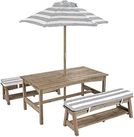 KidKraft Outdoor Wooden Table & Bench Set with Cushions and Umbrella, Kids Backyard Furniture, Gray  | Amazon (US)